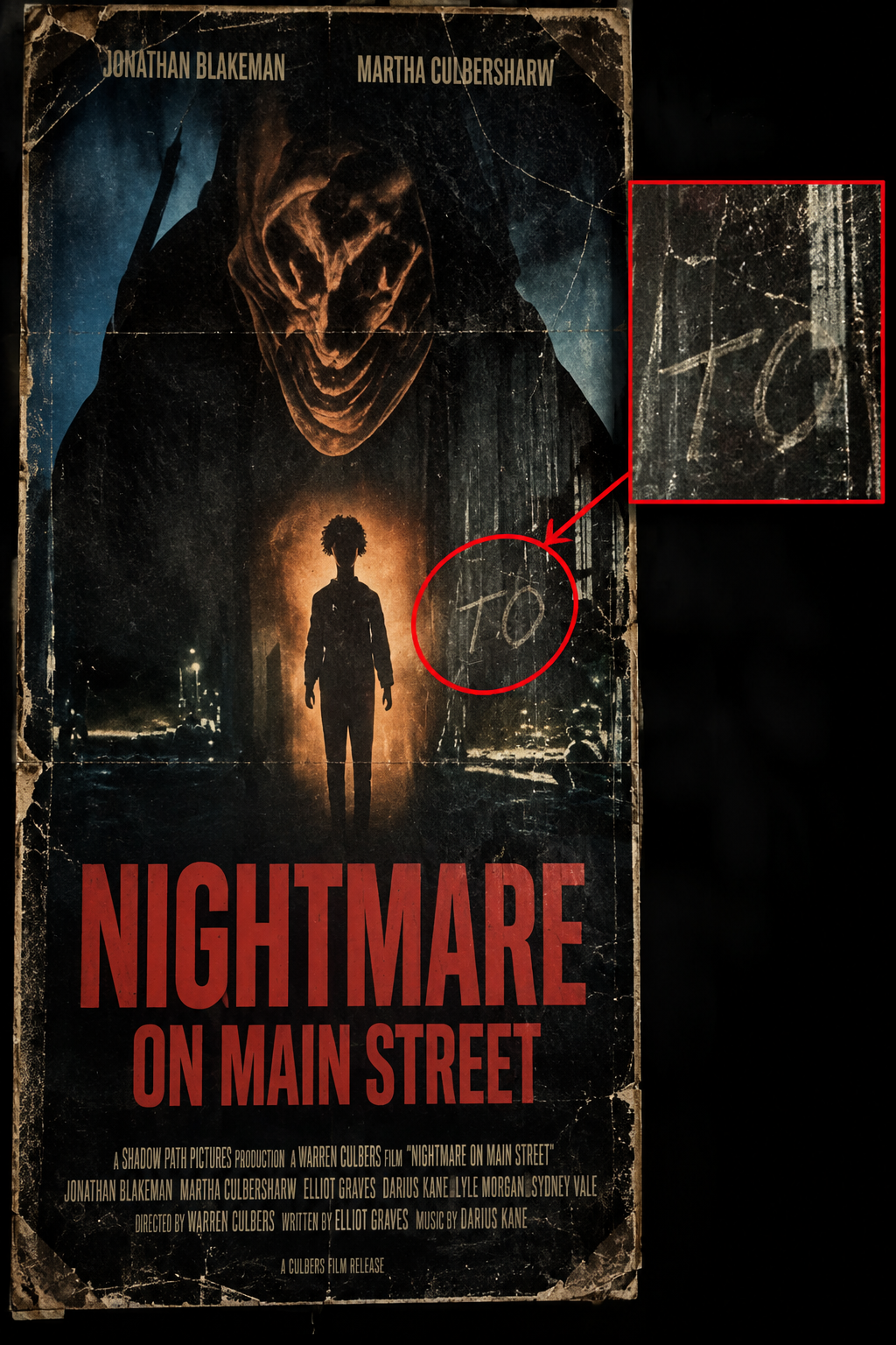 Enlarged Nightmare on Main Street poster with a circled hidden word TO and a magnified detail